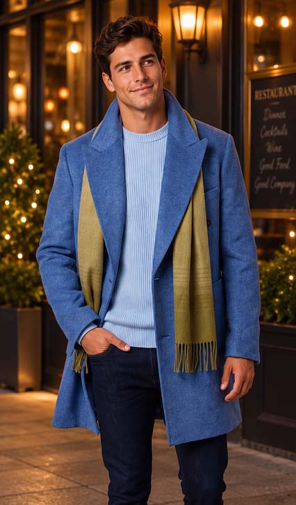 Cigar Brand Double Breasted Blue Car Length Overcoat
