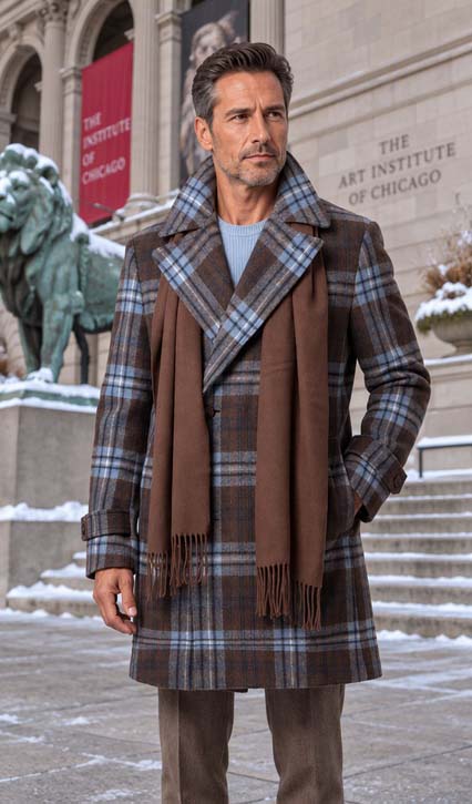 Cigar Brand Double Breasted Plaid Car Length Overcoat